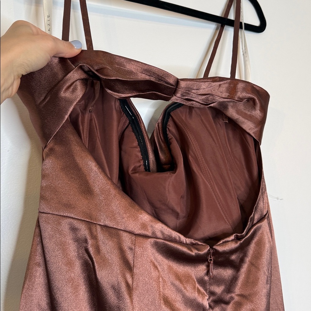 NWOT Azazie Leonis Espresso Mermaid Pleated Stretch Satin Convertible Dress 14 - Picture 6 of 11